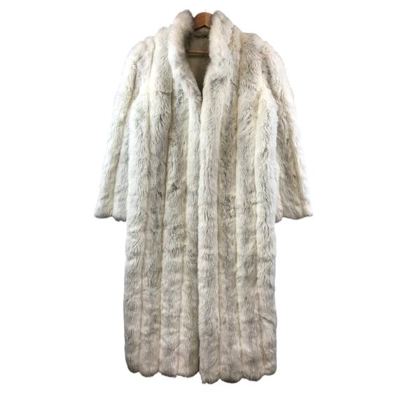 Vintage 1980s Cream and Gray Long Faux Fur Coat